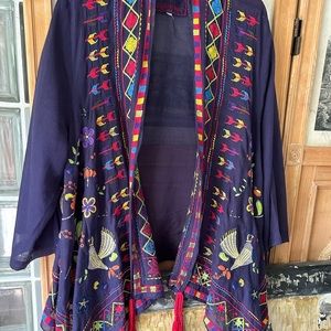 Johnny Was embroidered front boho kimono style open front jacket one size Boho